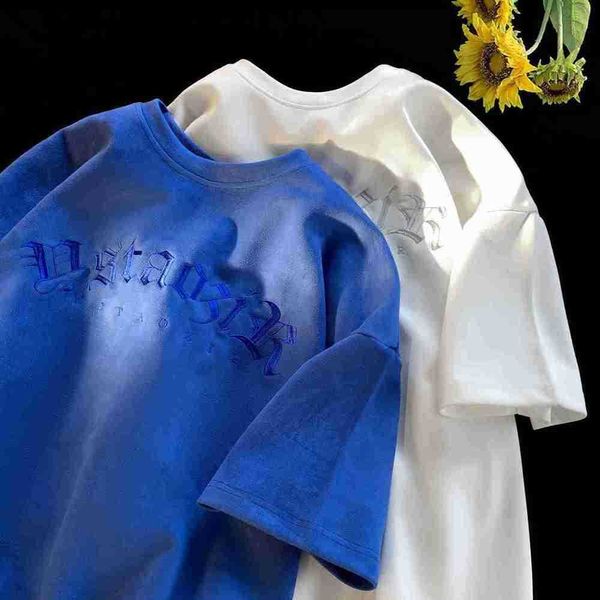 T-shirt in pelle scamosciata americana Oversize Trendy Brand Blue Design da uomo a maniche corte Sense 5/4 Sleeveshlab