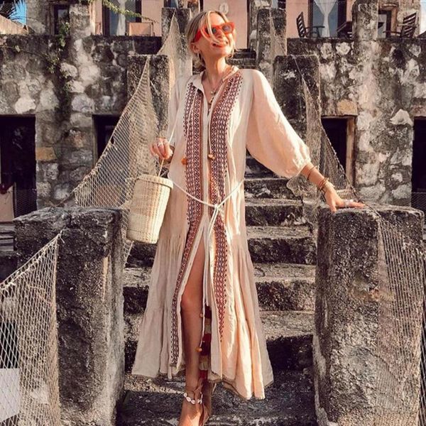 Abiti casual Jastie 2023 Donne di Autunno della Molla Vestito Retro Stile Nazionale Ricamato Lungo Hippie Chic Spiaggia Nappa Boho Maxi