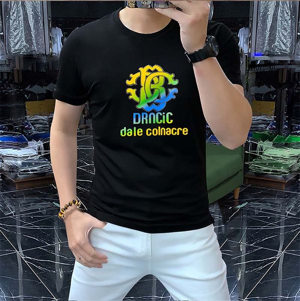 T-shirt da uomo con lettere colorate con diamanti in cotone di seta, nuovo design, girocollo, t-shirt, abbigliamento comodo da uomo di alta qualità M-4XL