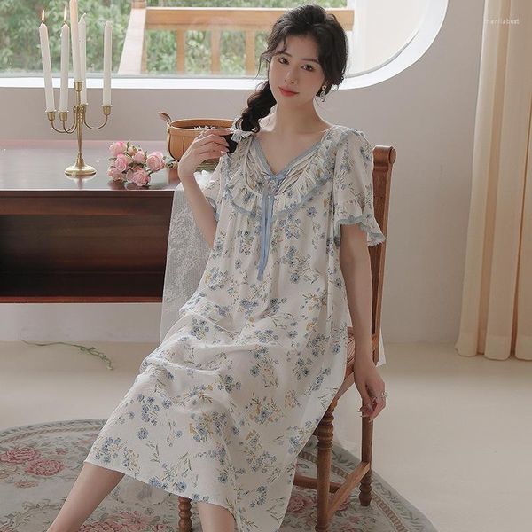 Menas de dormir femininas verão doce camisola de algodão floral para mulheres Princesa Manga curta Vestido elegante solto