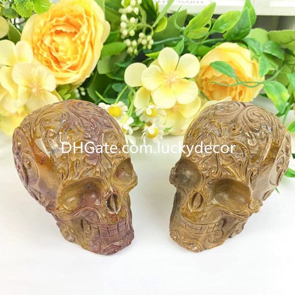 Deslumbrante Ocean Jasper Skull Art escultura de Halloween decoração natural Orbicular Jasper quartzo Cristal Gemito Cabeça Humana Cabeça Figurina Presente para Mulheres e Homens