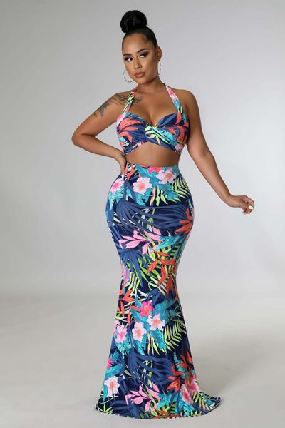 Vestido de verão novo feminino saia longa terno moda férias tropical padrão impressão arco suspender sexy topo fishtail saia longa praia terno