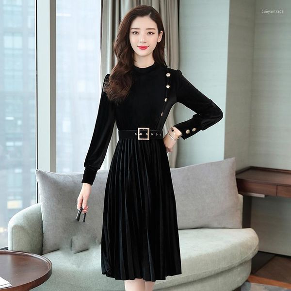 Casual Kleider Schwarz Vintage Kleid Frauen Elegante Dünne Lange Ärmeln Samt Party Ol Büro Tragen 2023 Herbst Winter Robe Vestidos