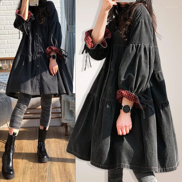 Giacche da donna 2023Original Spring And Autumn Fashion Aging Lolita Vita alta Big Swing Denim Giacca a vento Puffy Doll Skirt Lantern Sleeve