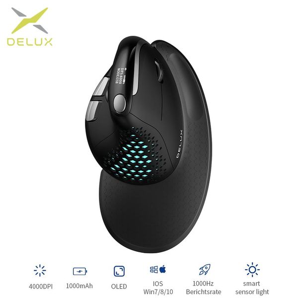 Ratos Delux M618XSD Seeker Mouse vertical ergonômico com tela OLED 4000DPI recarregável 1000mA tampa traseira removível para computador