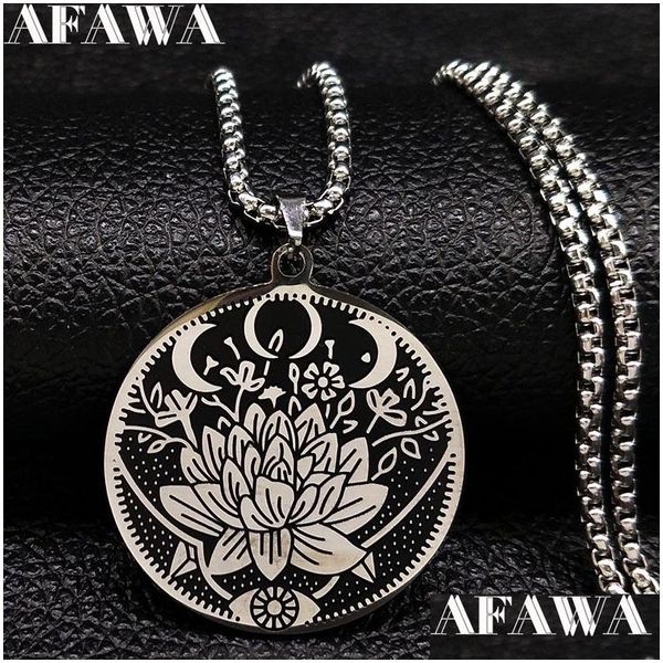 Collane con ciondolo 2021 Wicca Lotus Collana a catena in acciaio inossidabile Donna Gioielli colore argento nero Joyeria De Acero Inoxidable N18511 Dh3Mb