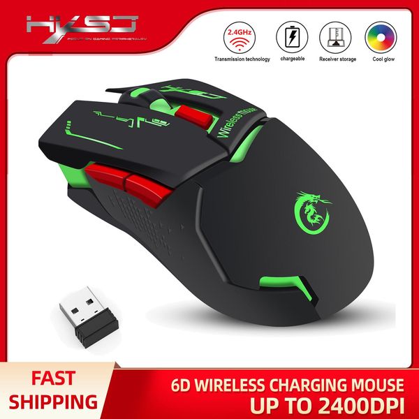 Ratos HXSJ 2400dpi Recarregável Mouse para jogos sem fio 7 cores Backlight Respiração Conforto Ratos para jogadores para computador desktop laptop