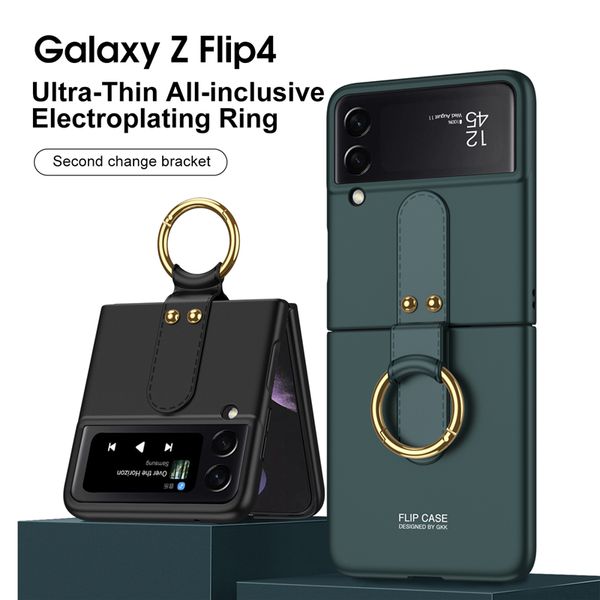 Custodia per telefono Vogue ibrida con supporto ad anello di lusso per Samsung Galaxy Folding Z Flip4 5G Durevole Business Tinta unita Anti-finger Print Frosted Fold Shell Antiurto