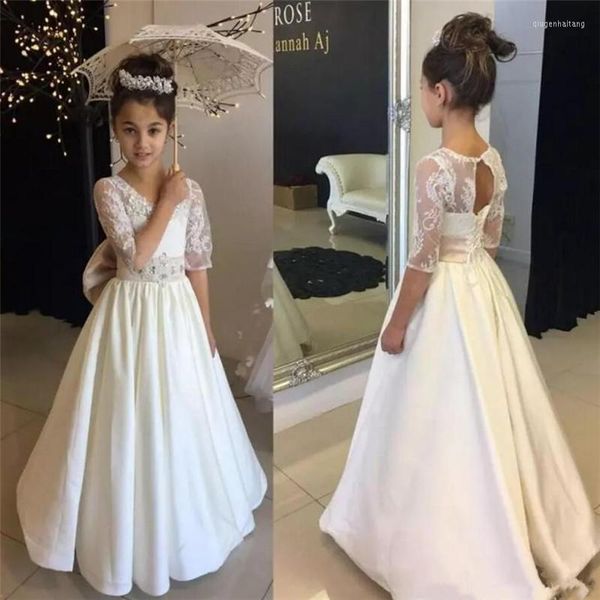 Девушка платья белым кружевным атласным цветочным платьем для свадьбы в замочной скважине наполовину рукава A-Line Girls First Cammandion