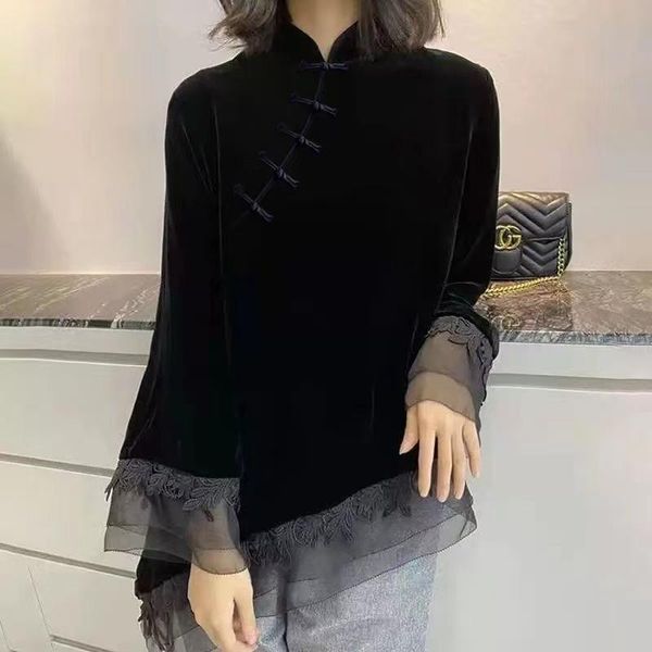 Gilet autunno stile cinese retrò nero manica lunga cheongsam ricamo tradizione cinese top da donna Hanfu vestiti da tè slim