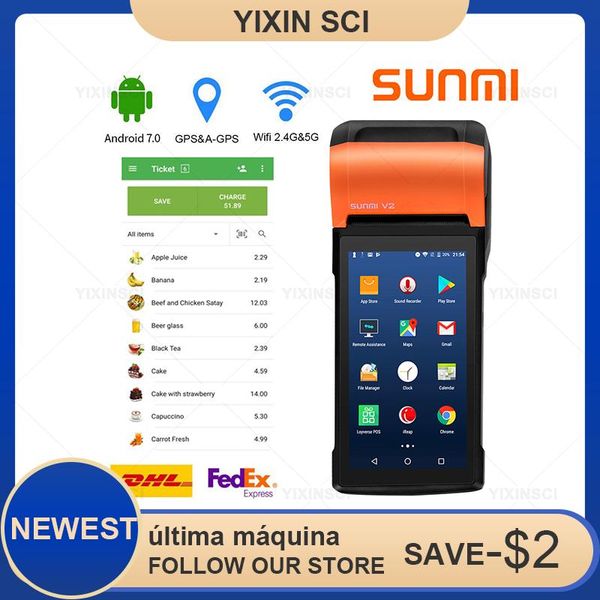 Принтеры новейшая 2+16 ГБ POS -терминал Sunmi V2 PDA Android Handheld Restaurn Shop Cash Registers Беспроводная машина 4G SIM -сеть 4G сеть