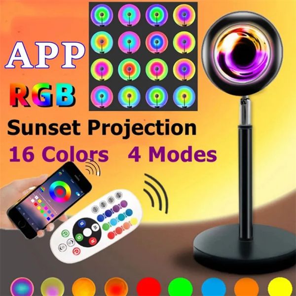 2023 16 Cores Bluetooth Sunset Lamp Projector RGB LED Night Light Tuya App Smart App Controle remoto Decoração do quarto Presente de fotografia
