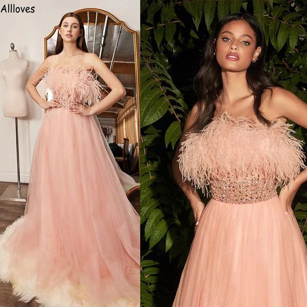 Pellicce rosa chiaro paillettes lusso Aso Ebi abiti da sera senza spalline sexy in tulle una linea abiti per occasioni speciali per le donne taglie forti Pageant Prom Robe de Soiree CL2308