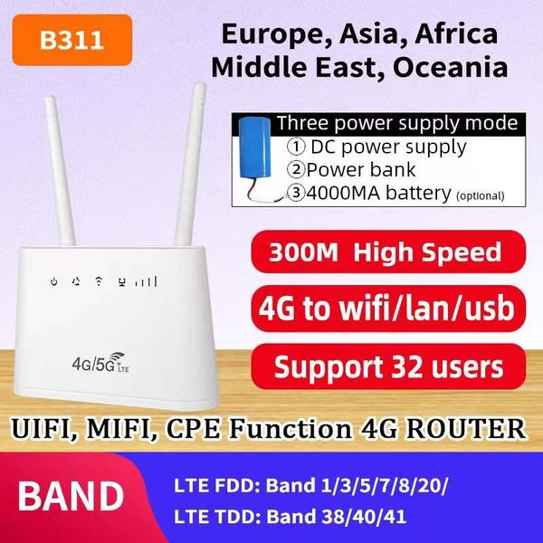 Yönlendiriciler B311 Avrupa Afrika Asya Kilit Açma 4000mAH Kablosuz CPE LTE Modem USB 4G WiFi Yönlendirici SIM Kart Yuvası Mobile 32 Kullanıcı WiFi Hotspot