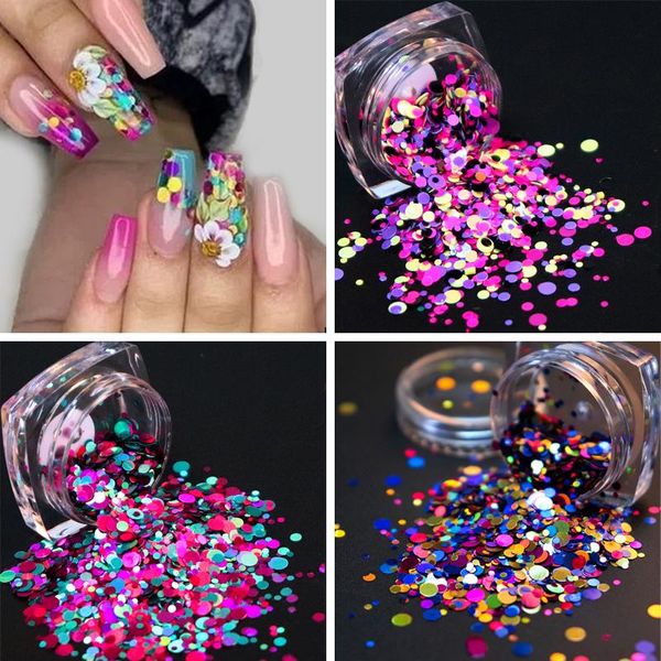 Decorazioni per nail art Formato misto Forma rotonda olografica Fiocchi di glitter Scintillanti 3D Paillettes colorate Lustrini Decorazione per unghie per manicure polacca