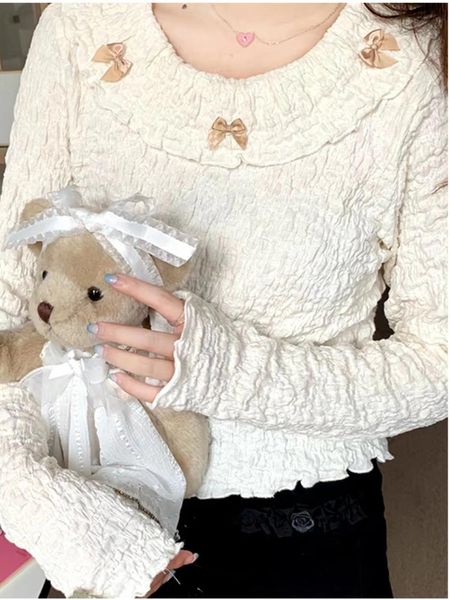 Blusa inverno japonês kawaii blusa feminina manga longa arco doce chiffon tops feminino casual coreano designer de moda y2k tops 2022 novo