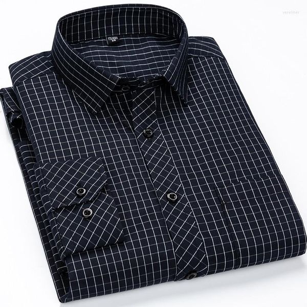 Herrenhemden 2023, Standard-Passform, langärmelig, gestreift, lässig, einzelne aufgesetzte Tasche, Button-Down-Kragen, bequem
