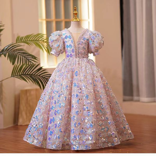 vestito da ragazza di fiori infantile Abito da ballo con perline rosa Abiti da spettacolo per ragazze Cinghie senza spalline Vestito da ragazza bambina principessa Raso con paillettes Appliqued Abiti da prima comunione