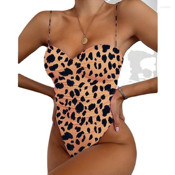 Menas de banho feminina 2023 Sexy One Piece Swimsuit Women Folds Push Up Monokini High Cut Bathing Suits Wear Leopard Print Swimming Suit