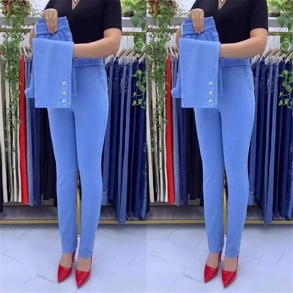 Frauen Jeans Frühling Sommer Eis Seide Für Frauen Hohe Elastische Taille Wilde Bleistift Hosen Mittleren Alters Mutter Stretch Denim 4XL W726