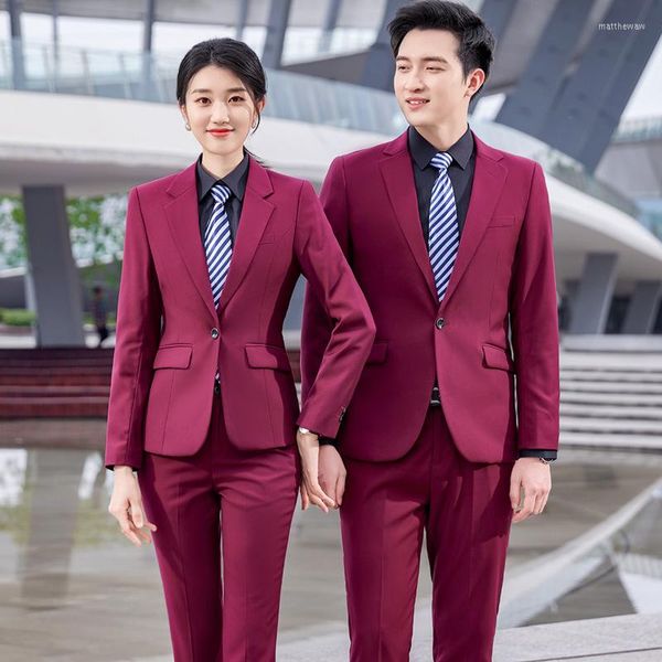 Kadınlar İki Parçalı Pantolon Erkek ve Kadınlar Aynı Uzun Kollu Düz Renk Bir Düğme Şarap Kırmızı Takım Siyah Giyim İş Beyefendi