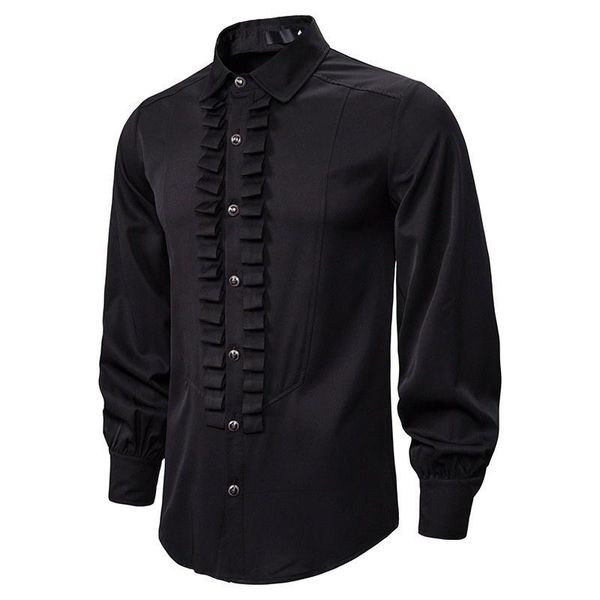 Männer Casual Hemden Schwarz Gothic Männer Vintage Militär Langarm Einreiher Plissee Punk Stil Hemd Männlich Retro Tops Camisas