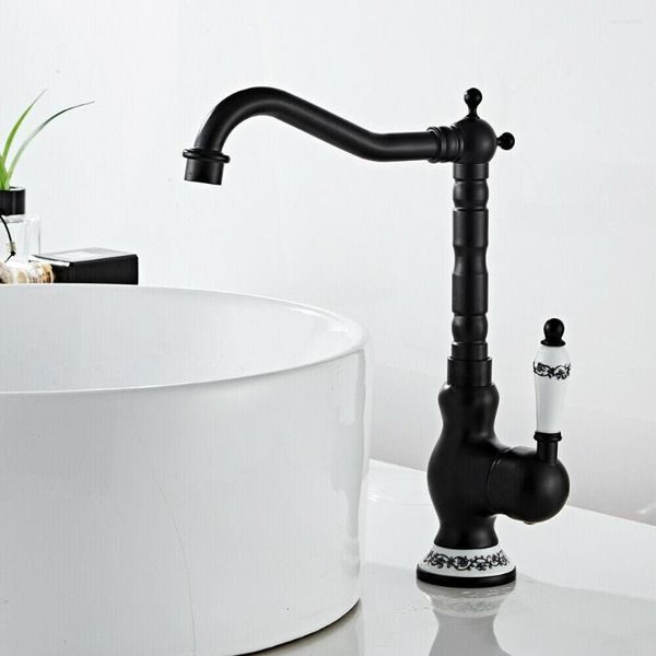 Rubinetti per lavabo da bagno Rubinetto da cucina per montaggio su ponte in ottone colore nero Maniglia singola Rubinetti per miscelatore per lavabo con rotazione a 360°