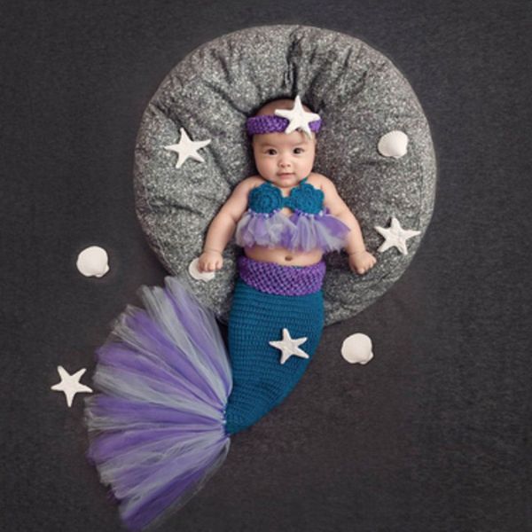 Keepsakes born Baby Cute Girl Clothes Set Blue Mermaid Knit Costume Pography Prop Crochet Handbands Girls Set di abbigliamento per bambini 230526