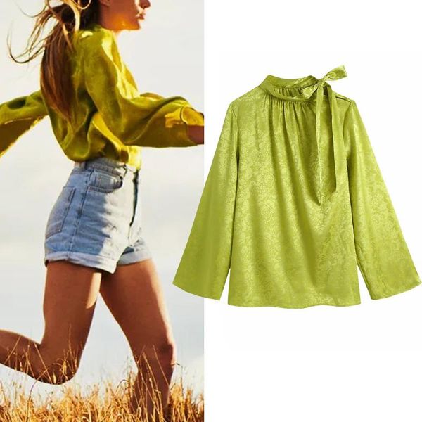 Blusas femininas camisas femininas blusa amarelo cetim top jacquard pescoço alto elegante mulher outono 2023 moda amarrada manga longa