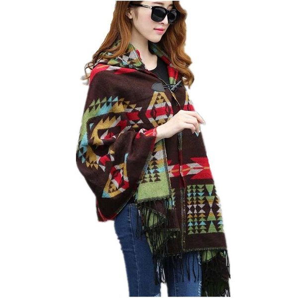 Fell Damen warm Winter mit Kapuzepackponcho Wolle Schals CAPES NEUE PONCHOS UND CAPES AZTEC OUTEWEL CASACOS Femininos