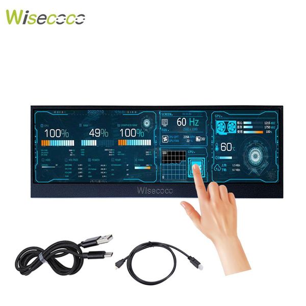 Monitores Wisecoco 14 polegadas 3840*1100 4K Monitor Portátil Touch Ultrawide Aida64 LCD Display para laptop PC Dual Raspberry Pi Win7 8 10