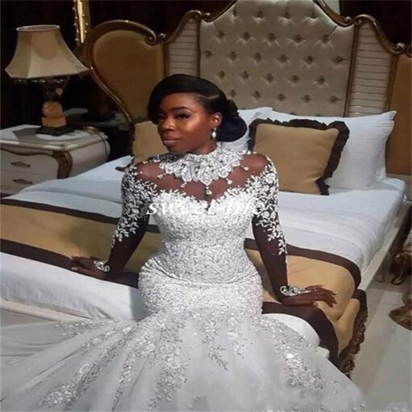 2023 Abiti da sposa a sirena di lusso Sheer manica lunga collo alto perline di cristallo cappella treno abiti da sposa arabi africani abiti da sposa