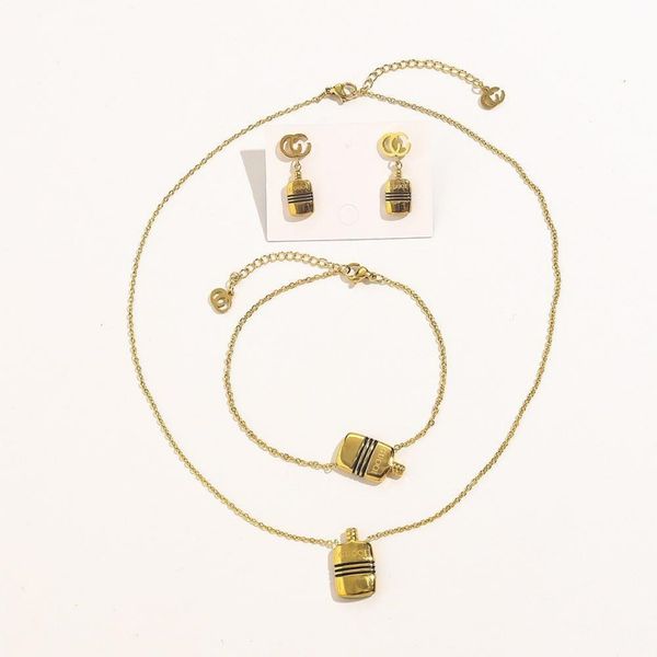 Modisches Ohrring-Armband-Halsketten-Schmuckset mit doppelten Buchstaben, Vintage-Öltropfende Parfümflasche, Buchstaben-Schmuckset für Damen und Herren, Titanstahl, Weihnachtsfeier-Geschenk