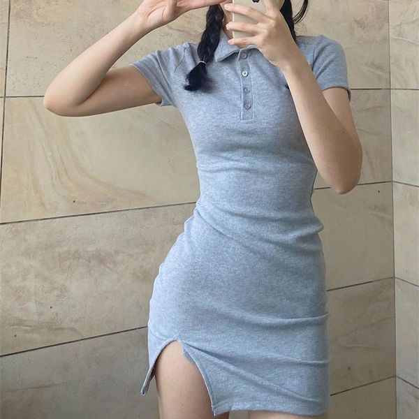 Kleider Polo Basic Mini Kleid grau schlank ein Stück Korea Lapperkleider für Frauen 2022 Sommer Kurzarm Schlitzrock sexy Scheide Outfits