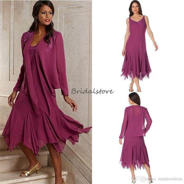 Elegantes lila Kleid für die Brautmutter 2023, zweiteilig, Tee-Länge, Chiffon, Plus-Size-Hochzeitsgastkleid mit Jacke, Abendkleid, Vestidos de Madrina, Bräutigam-Mutter-Partyrock