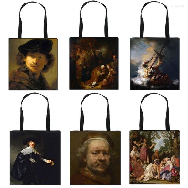 Sacos de compras Maior pintor da Holanda Rembrandt Bolsa de impressão A tempestade no mar de pinturas a óleo da Galiléia Totes Ladies Shopper