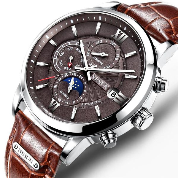 Нарученные часы Швейцария Nesun Watch Men Automatic Mechanical Sapphire Relogio Masculino Moon фаза водонепроницаемый N9027-1