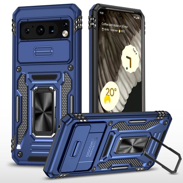 Casos de kickstand de anel de giro híbrido à prova de choque para o Google Pixel 8 Pro 7a 7 Suporte Stand Slide Lente Câmera de Proteção Tampa