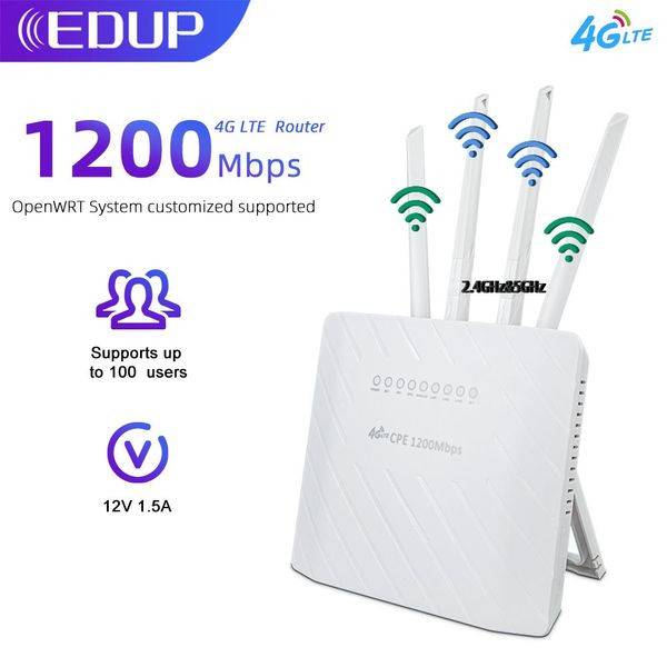 Маршрутизаторы EDUP 4G Wi -Fi Router 1200 Мбит / с системы OpenWRT System 4G CPE SIM -карта маршрутизатор CAT4 CAT6 Wireless 4G LTE WiFi Modem 2,4 ГГц 5,8 ГГц 100 пользователей