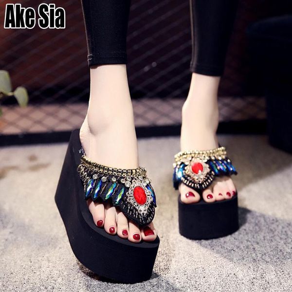 Slippers Ake Sia Footwear Women Summer Babouche Crown Rhinestone Adorn Mules Super Wedge 11cm Heels Beach Flip-Flops Shoes A331