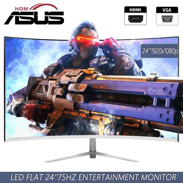 Monitora asushom monitor de 24 polegadas LCD 75Hz Display Curved Screen Monitor de computador PC 1K HD Gaming Display VGA HDMI Interface