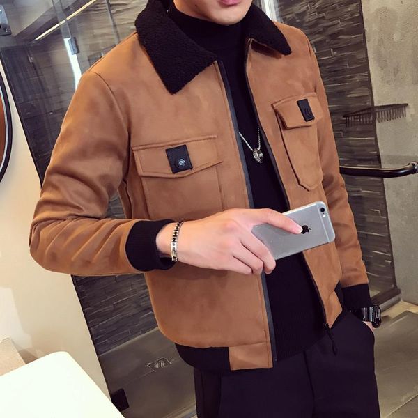 Giacche da uomo 2023 Bomber Homme Uomo Suede Erkek Khaki Giacca invernale spessa calda slim fit Deri Ceket Cappotti Collo in pelliccia da uomo