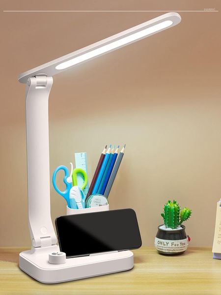 Lampade da tavolo Lampada Protezione occhi Touch Dimmerabile Luce LED Porta cellulare Contenitore penna Ricarica USB Scrivania multifunzione