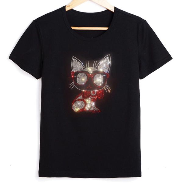 Camiseta 2022 Summer Diamond Tshirt Women Algodão Blusa de manga curta adorável camiseta de gato Flash Rhinestone Ti Streetwear Plus Tamanho 5xl