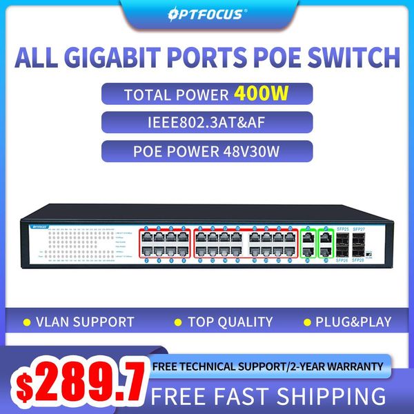 Controllo optfocus 400 watt anthunder shortcut protezione smart reboost vlan 24 porta gigabit 48v poe hub 4sfp 4 rj45 giga switch