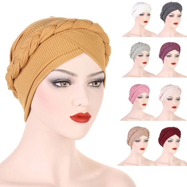 Chapéu de turbante de trança feminina Cabeça de cor sólida envolve os hijabs internos muçulmanos Caps Capéu Islâmico India Cap Posto de perda de cabelo para mulheres