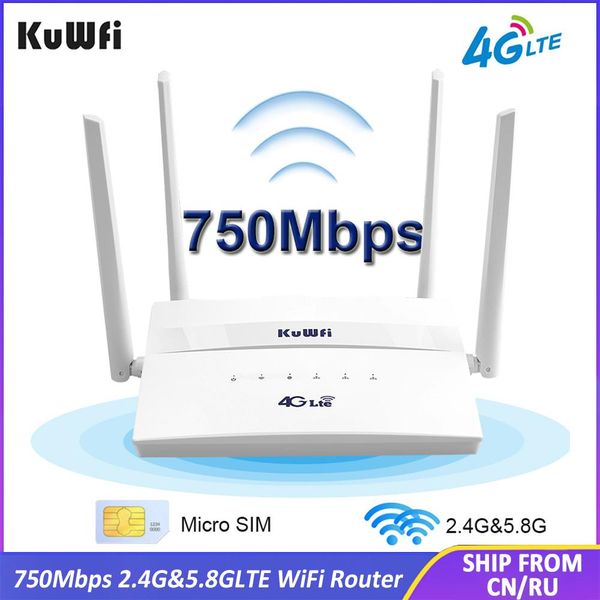 Roteadores kuwfi 4g lte wifi roteador 3g 4g sim wifi roteador 2.4g 5,8g banda dupla 750mbps lan wan roteador suporta 32 usuários