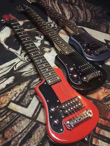 Kleiner Korpus, 34 Zoll, leicht zu tragende, schwarze, rote, metallische, blaue Hofner Shorty-Reisegitarre, tragbare Mini-E-Gitarre mit Baumwoll-Gigbag und umwickelbarem Saitenhalter