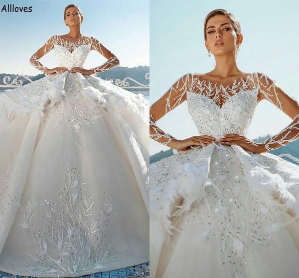 Tüyler Rhinestones ışıltılı katmanlar prenses balo elbisesi gelinlik artı boyutu uzun kollu şeffaf boyun Arapça dubai vestidos de novia hamile hindi cüppeler cl2309