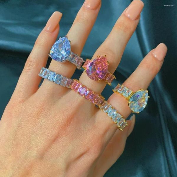 Cluster Rings Iced Out Bling Gold Filled Tear Drop Pink Cz Ring For Girl Women Baguette Engagement Band Luxury Finger Jewelry